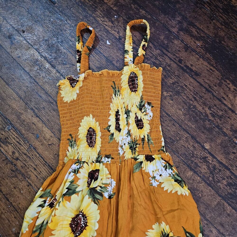 mustard yellow sunflower print wide-leg jumpsuit size M